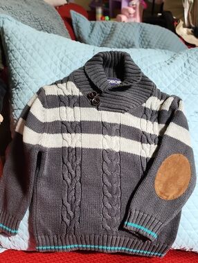 3T Cherokee Gray Striped Cotton Cable-Knit Shawl Collar Sweater